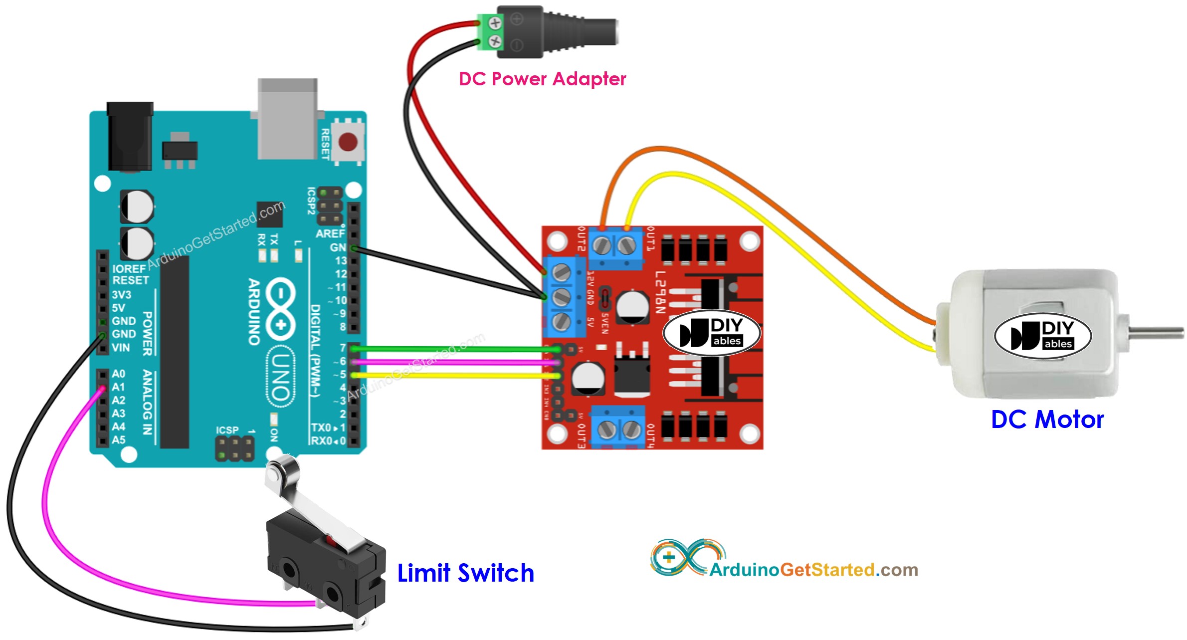 Arduino DC motor and limit switch wiring diagram