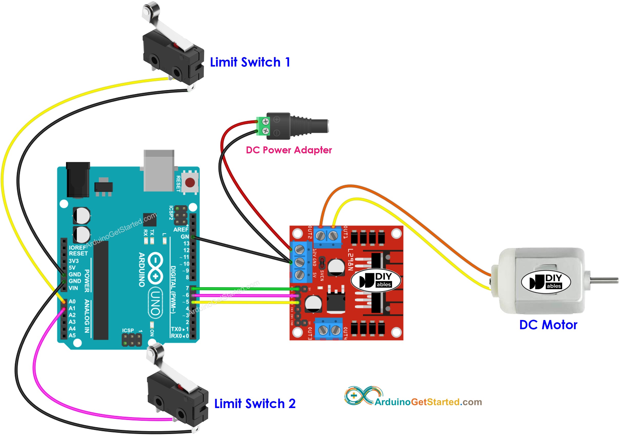 Arduino DC motor and two limit switches wiring diagram