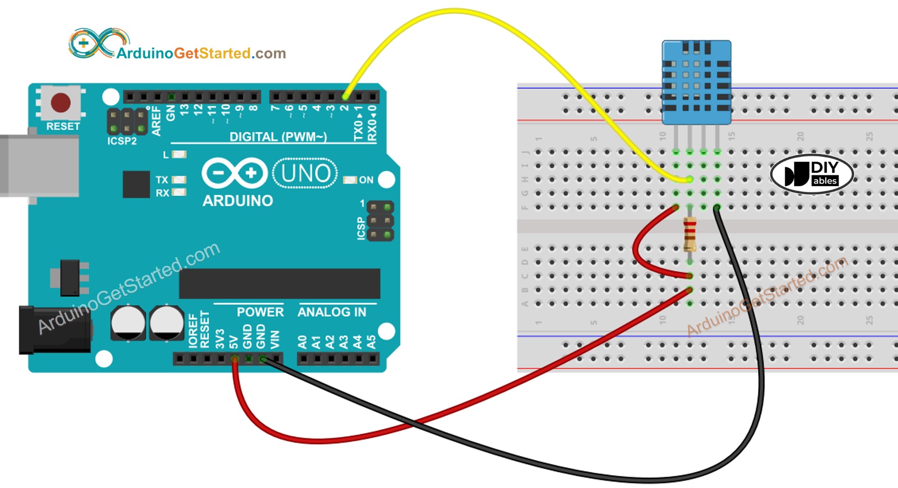 Arduino DHT11 Temperature and humidity Sensor Wiring Diagram