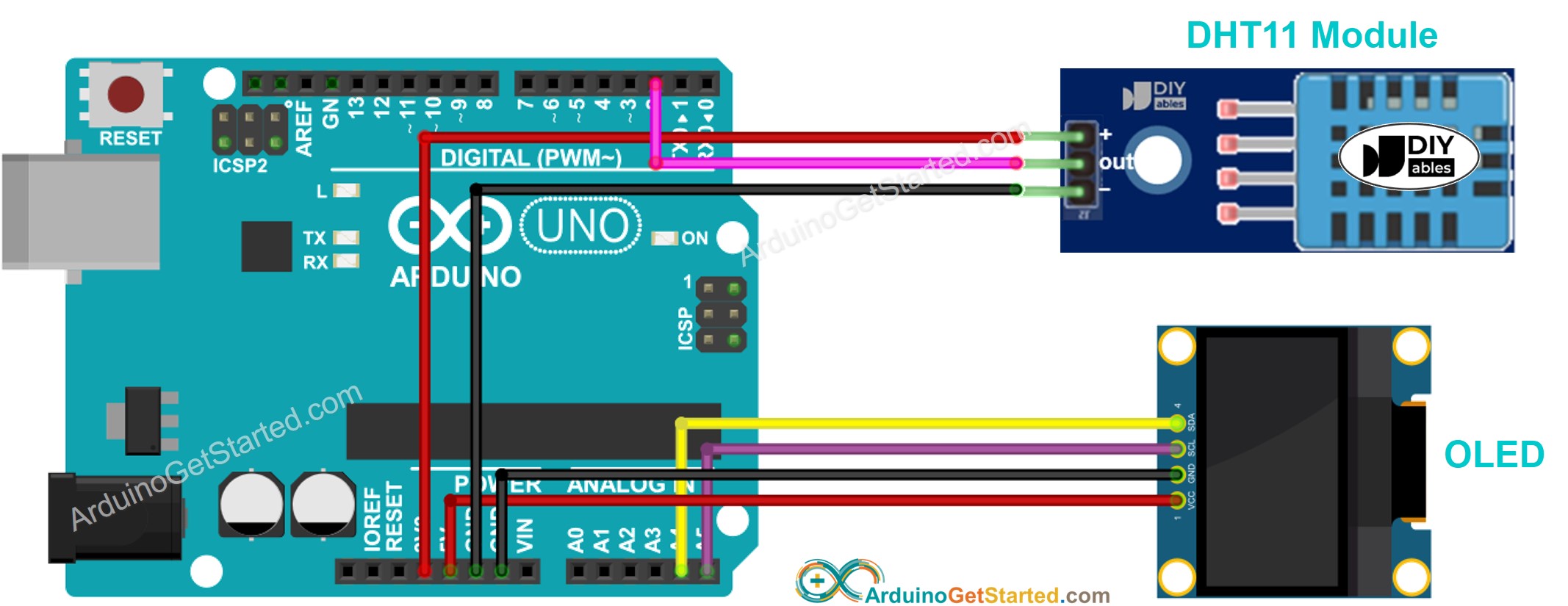 Arduino with SSD1306 OLED display and LM35 temperature sensor