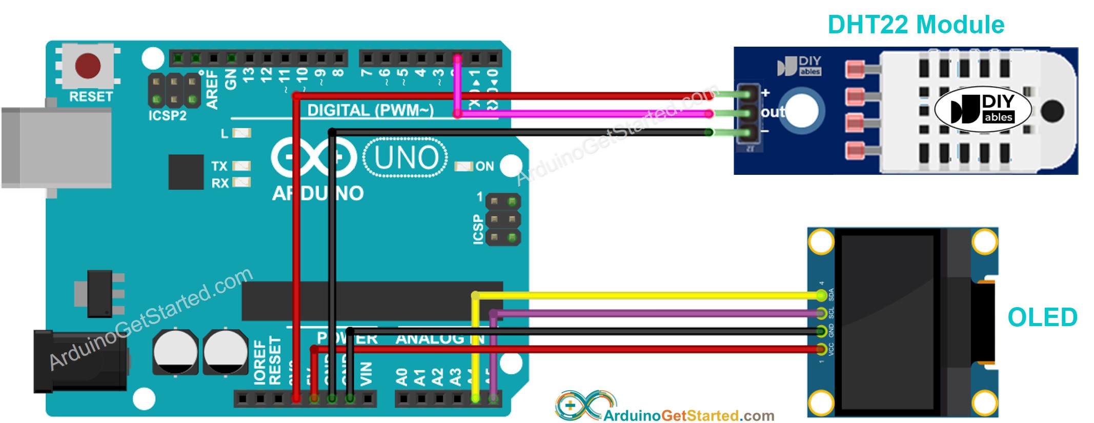 Arduino DHT22 module OLED Wiring Diagram