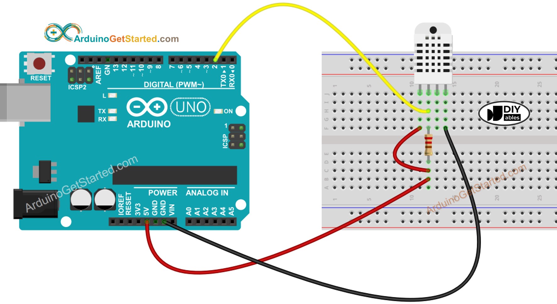 Arduino DHT22 Temperature and humidity Sensor Wiring Diagram