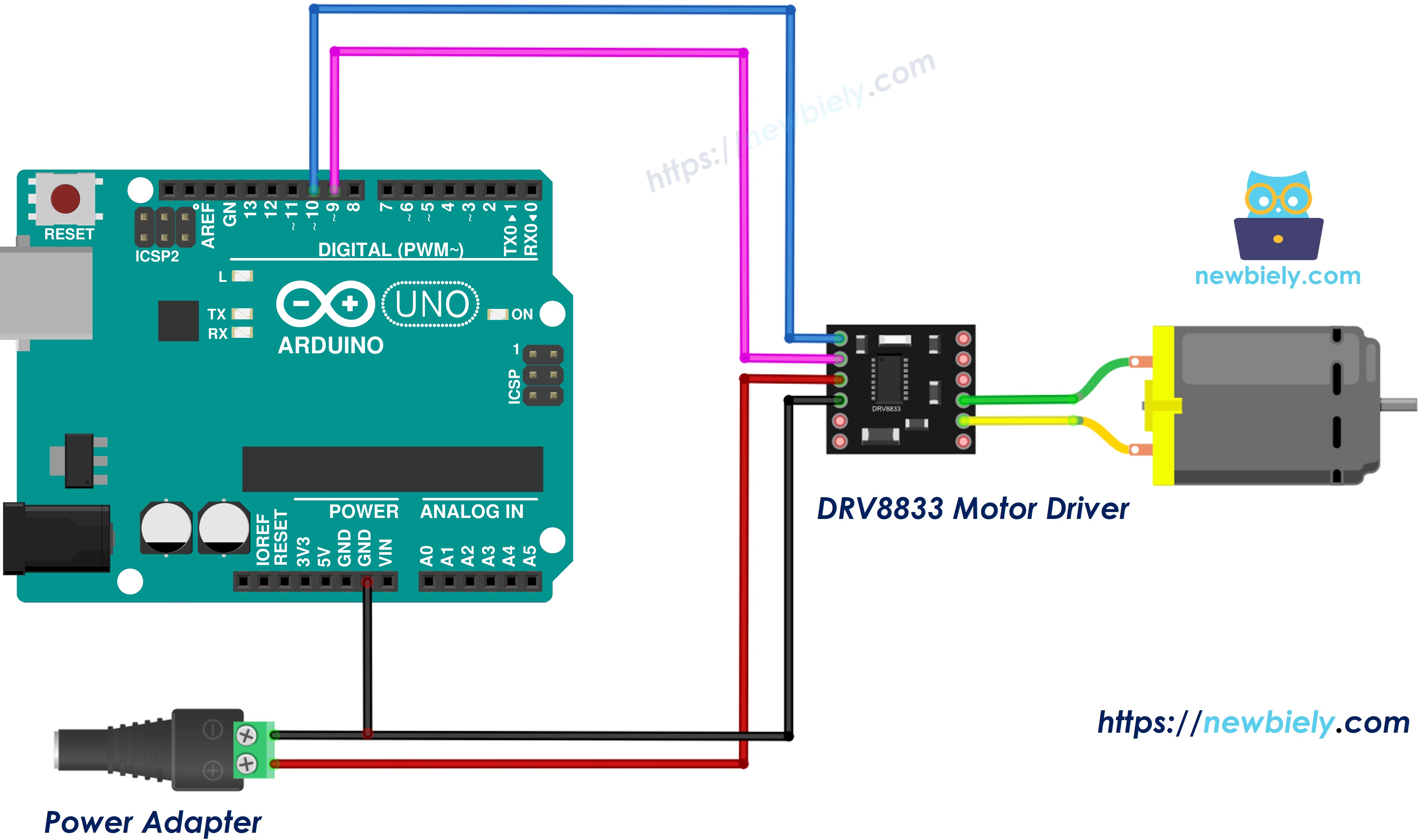 Arduino DRV8833 one DC motor wiring diagram