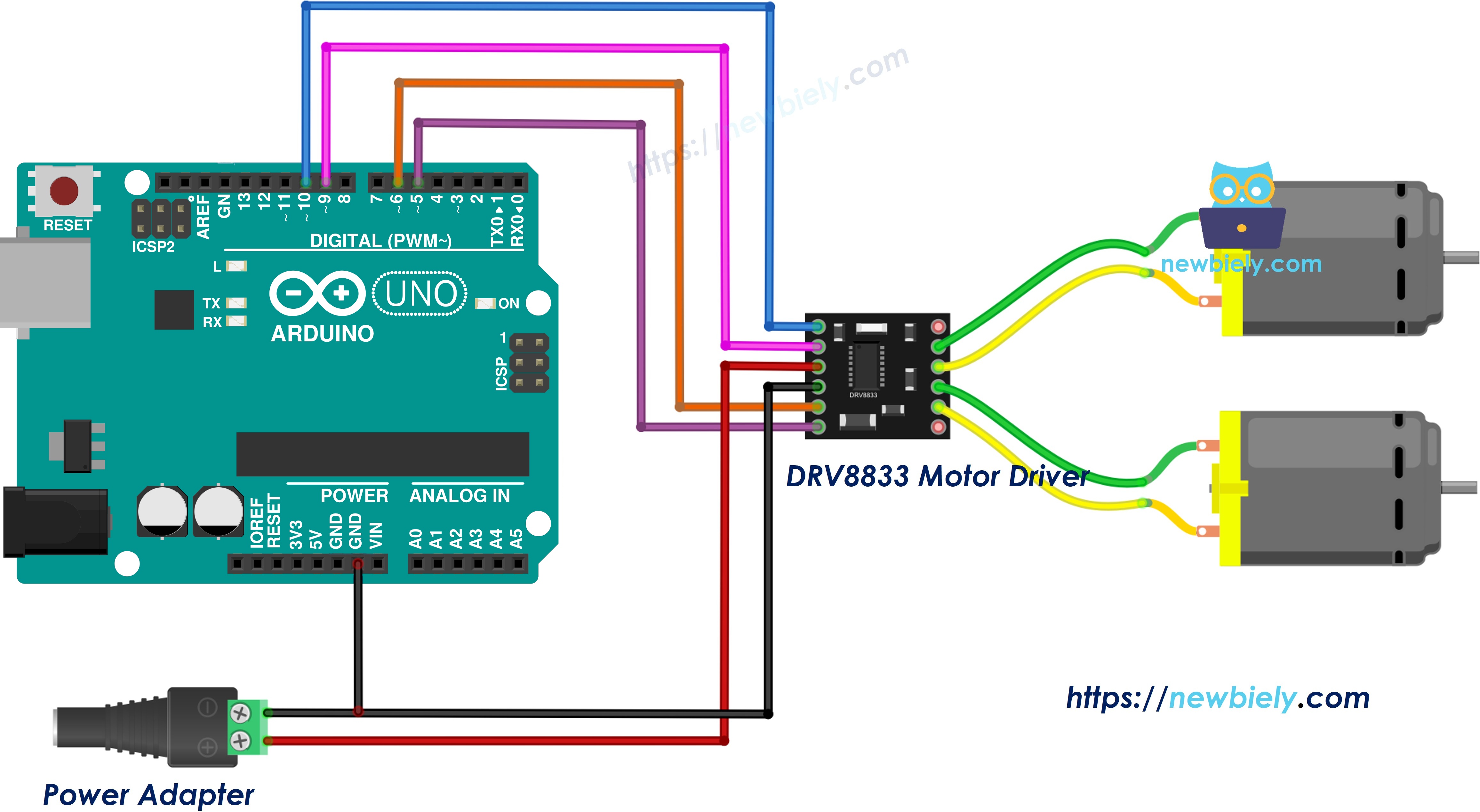 Arduino DRV8833 two DC motors wiring diagram
