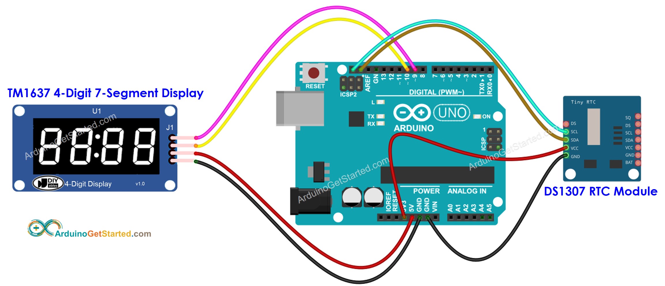 Arduino DS1307 7-segment display Wiring Diagram