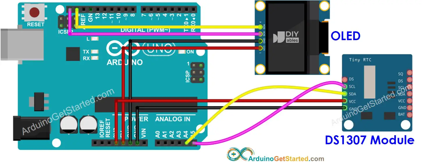 Arduino DS1307 OLED Wiring Diagram
