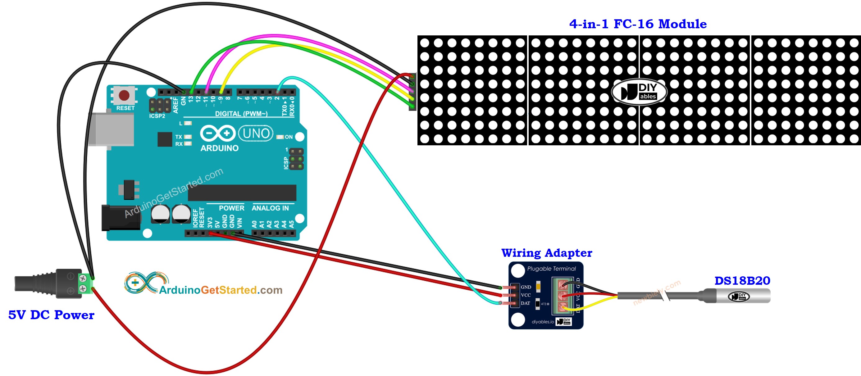 Arduino DS18B20 Temperature Sensor LED Matrix Wiring Diagram