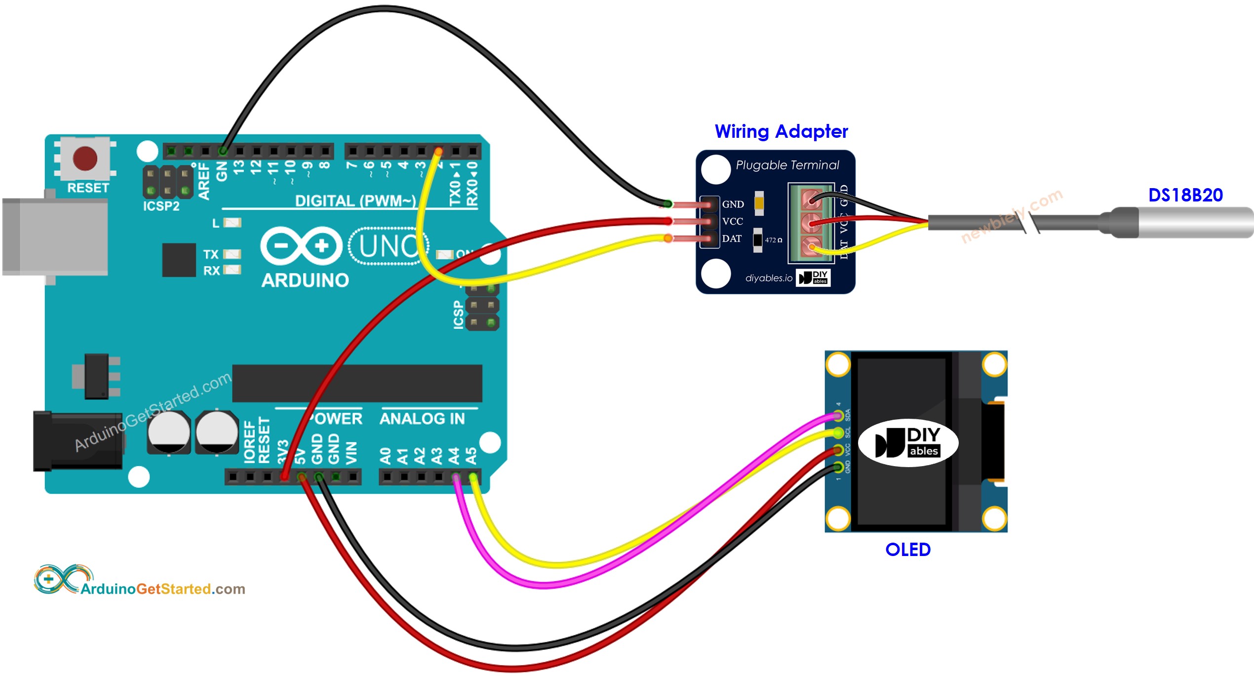 Arduino DS18B20 Temperature Sensor OLED Wiring Diagram