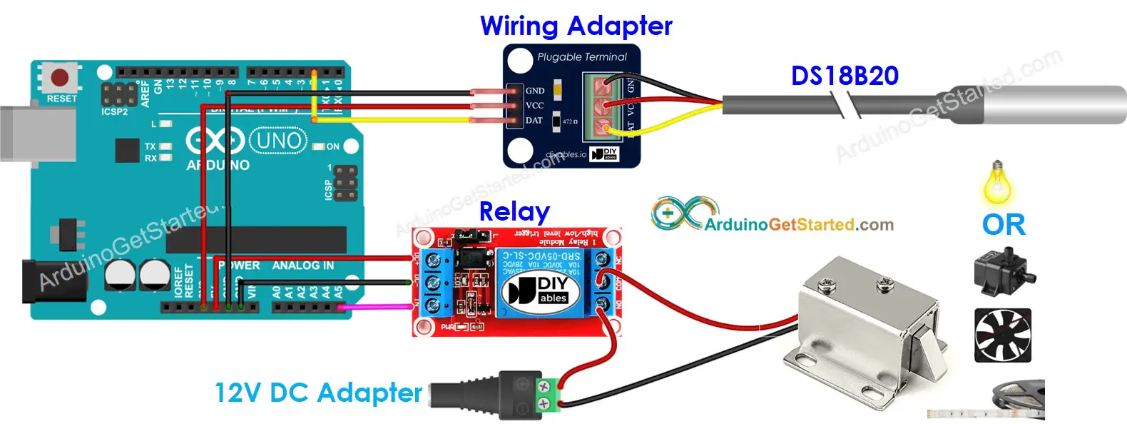 arduino DS18B20 temperature sensor relay wiring diagram