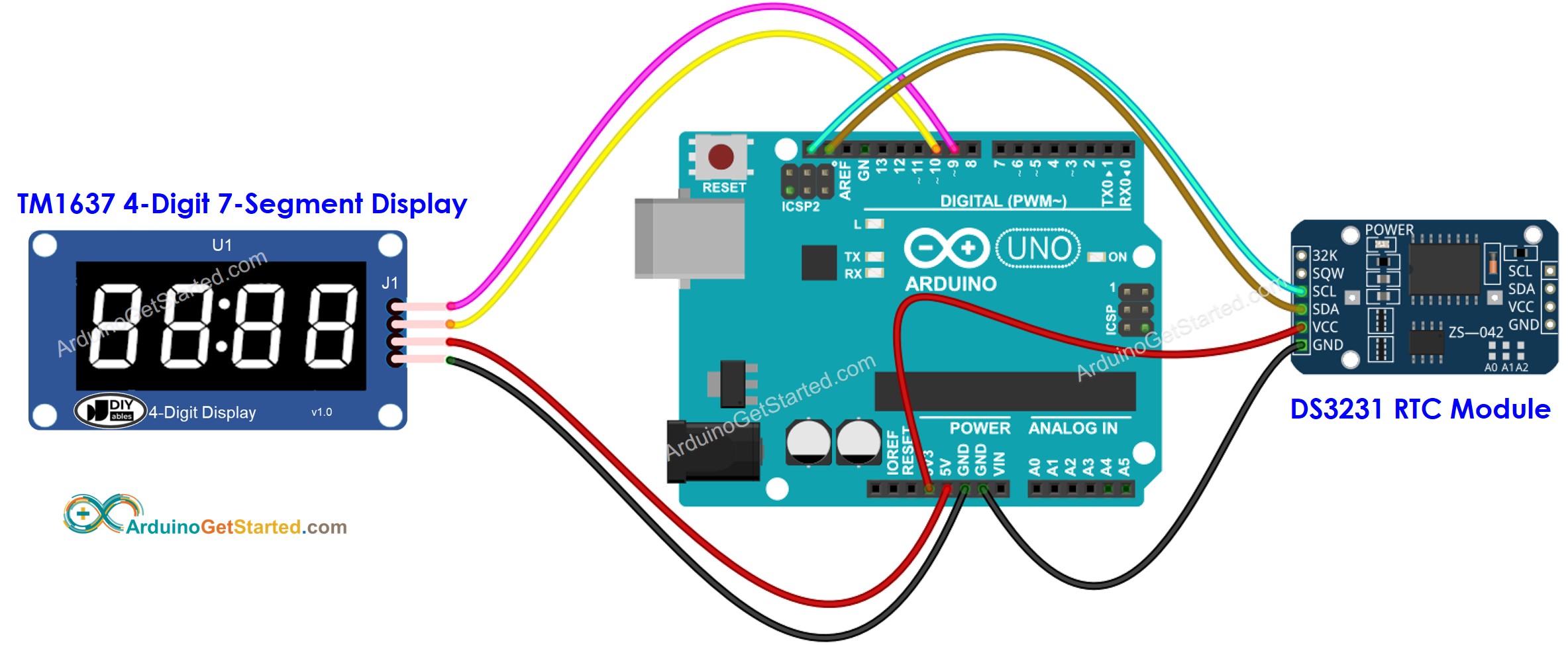 Arduino DS3231 7-segment display Wiring Diagram