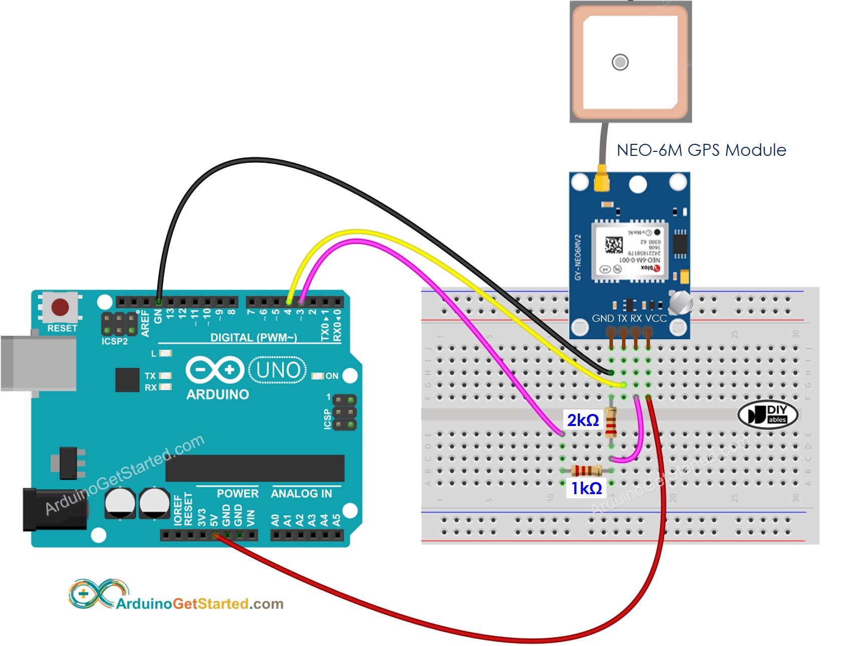Arduino GPS module voltage divisor Wiring Diagram