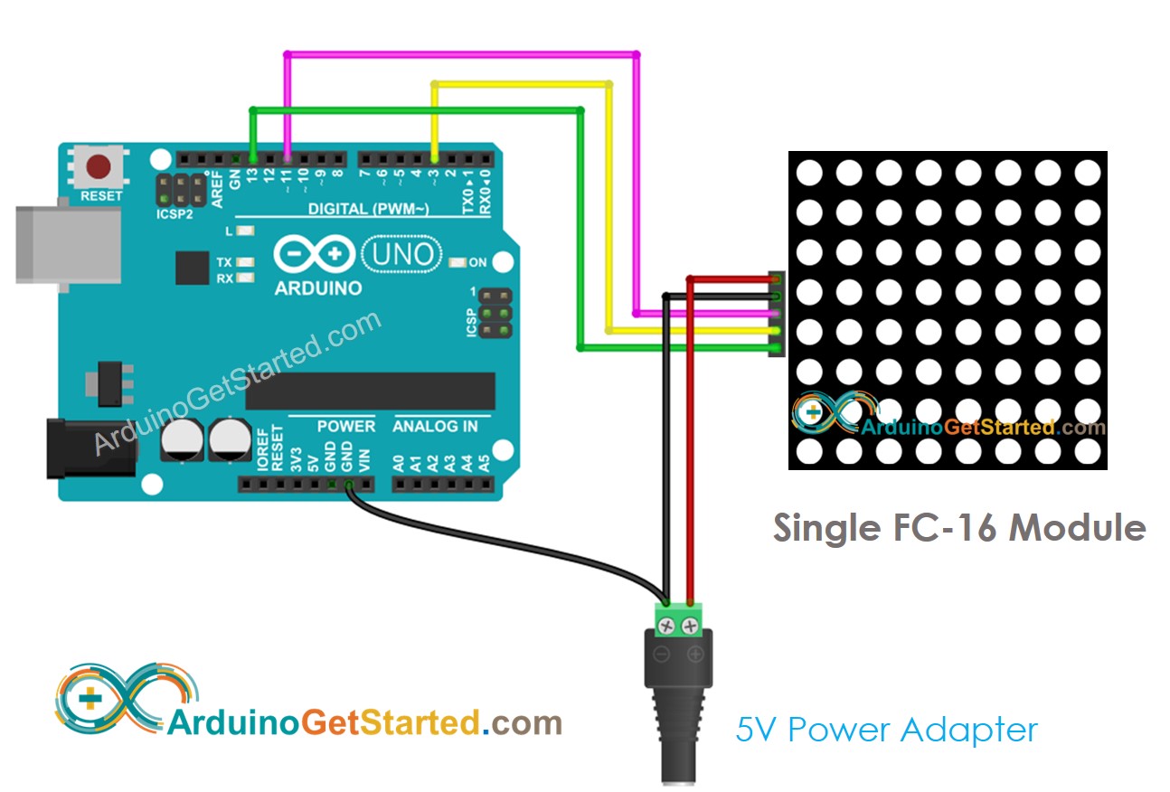 Arduino 8x8 LED matrix FC-16 wiring diagram