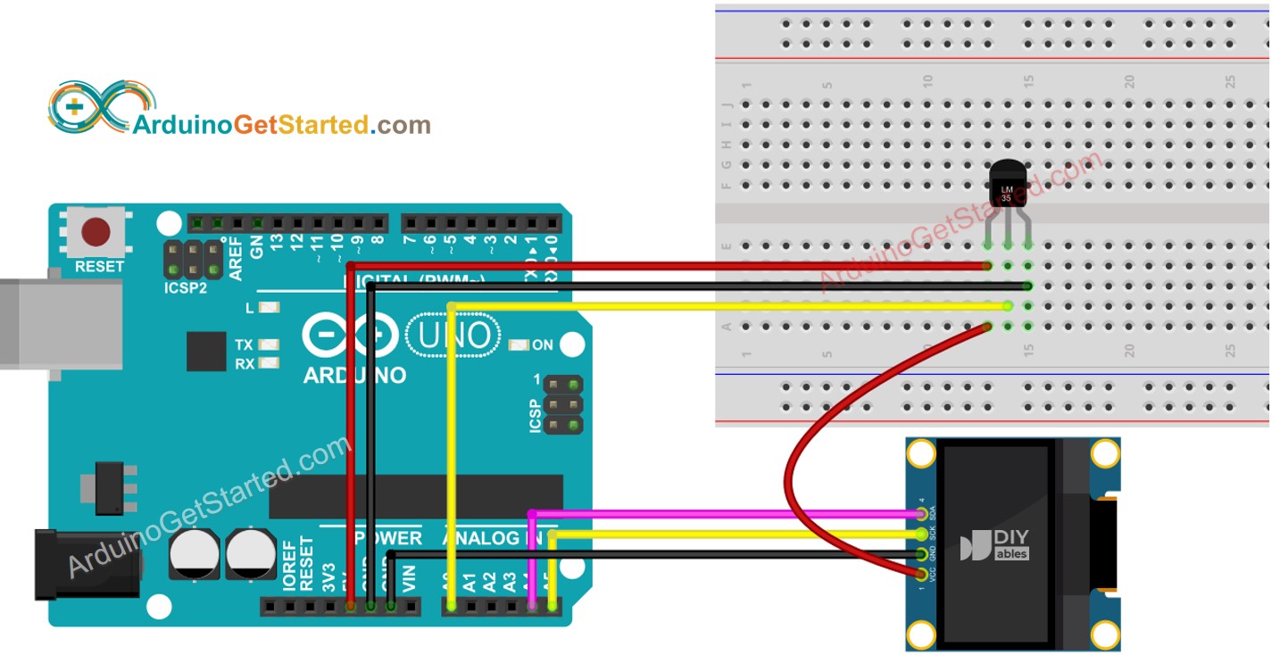 Arduino LM35 Temperature Sensor OLED Wiring Diagram