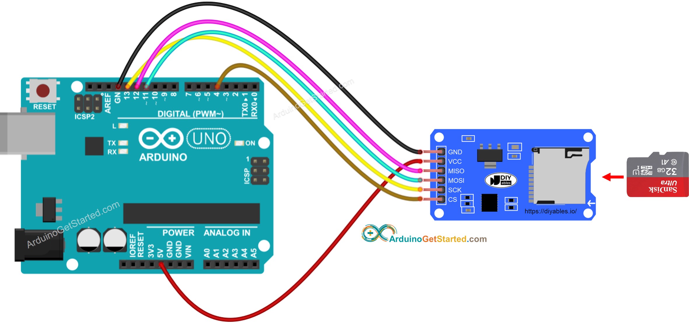 Arduino Nano interfacing wiring with (A) MMA7455, (B) Micro SD card