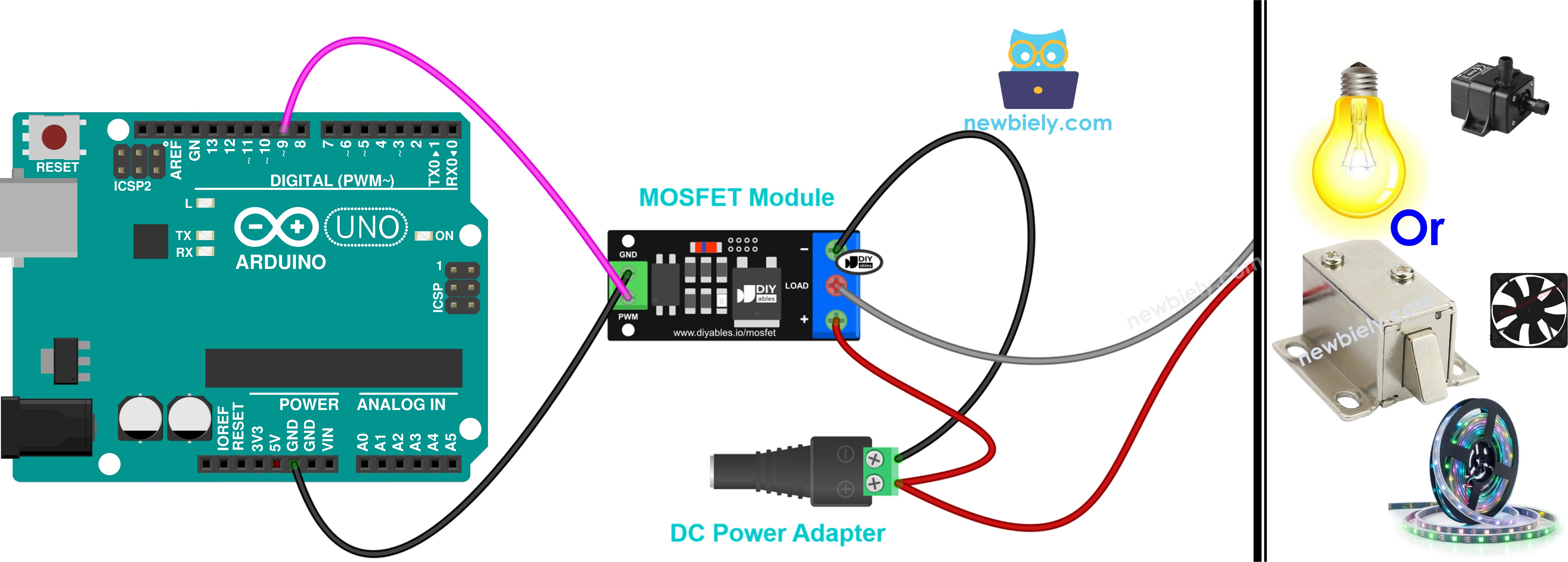 Arduino Wiring Diagram with AOD4184, LR7843 or FR120N MOSFET Module