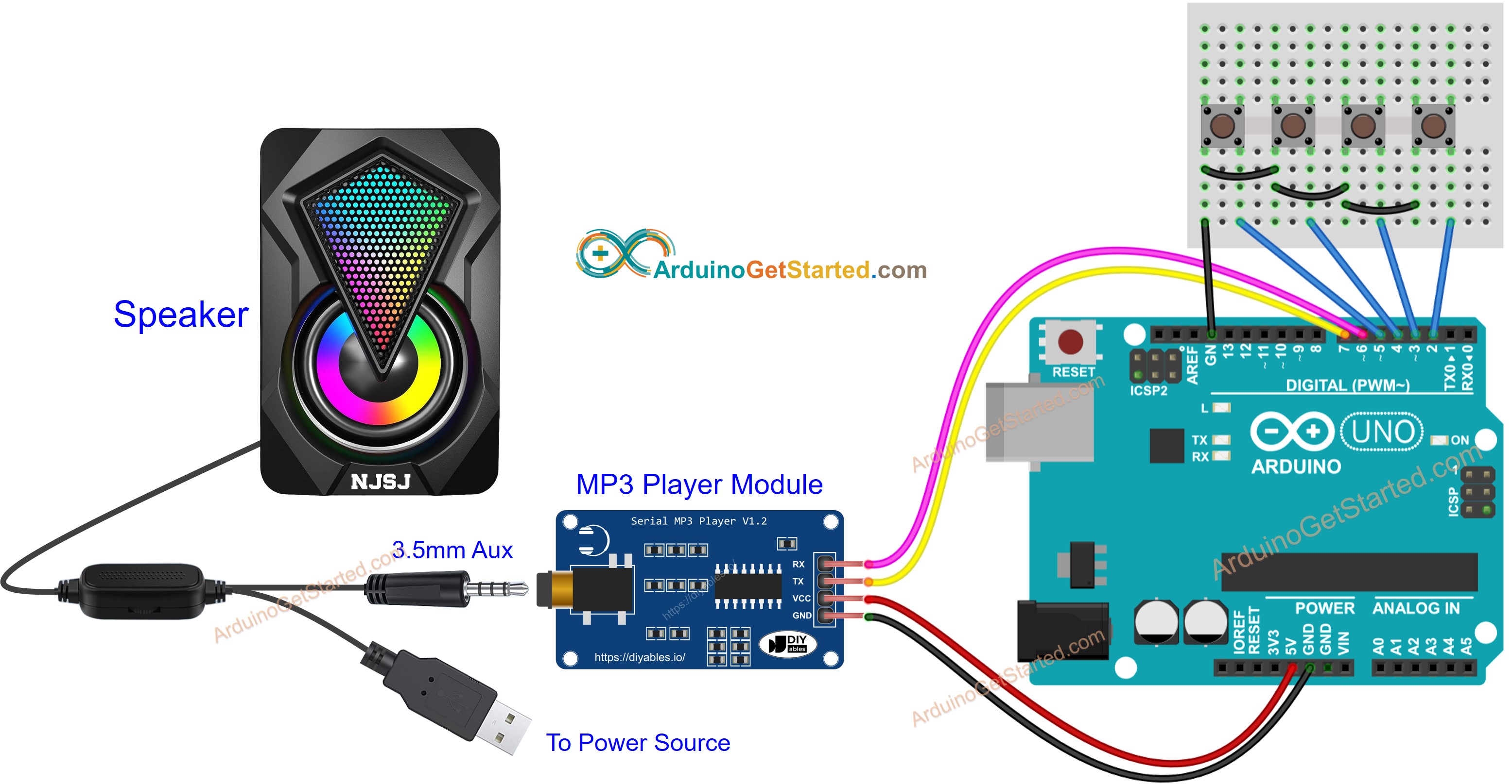 Arduino MP3 player speaker Wiring Diagram