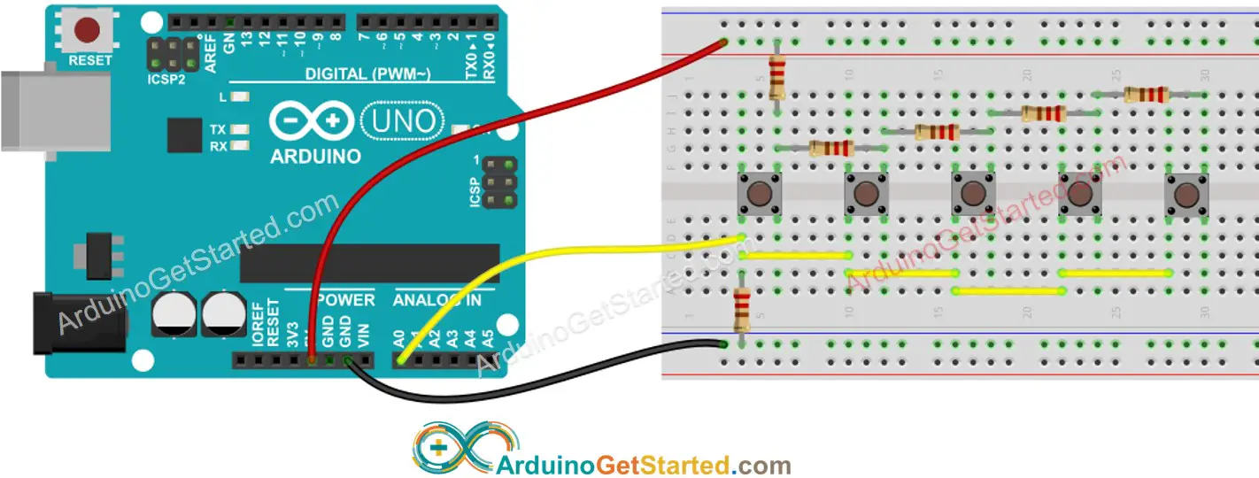 Arduino multiple button one analog pin Wiring Diagram