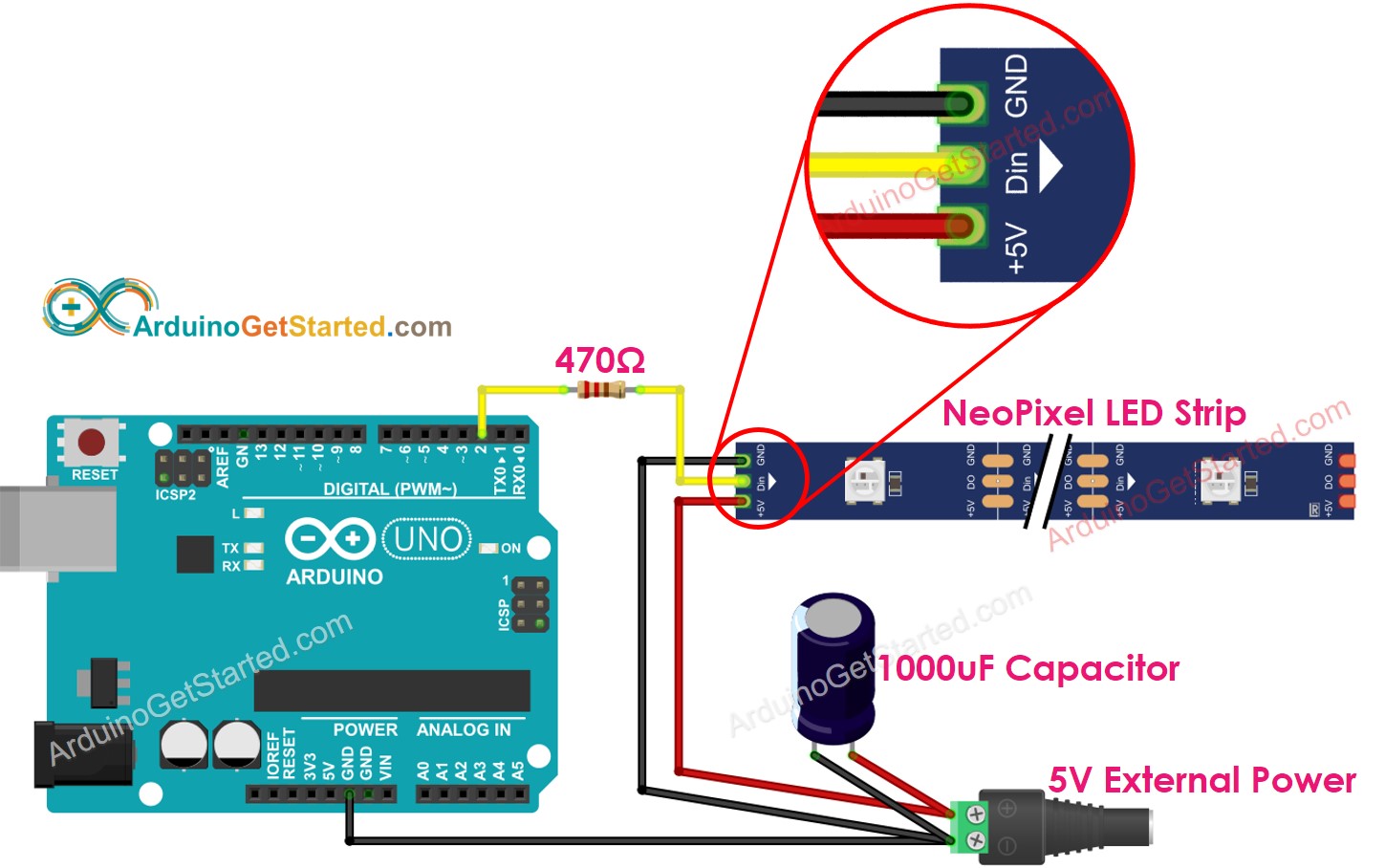 Arduino NeoPixel RGB LED strip Wiring Diagram