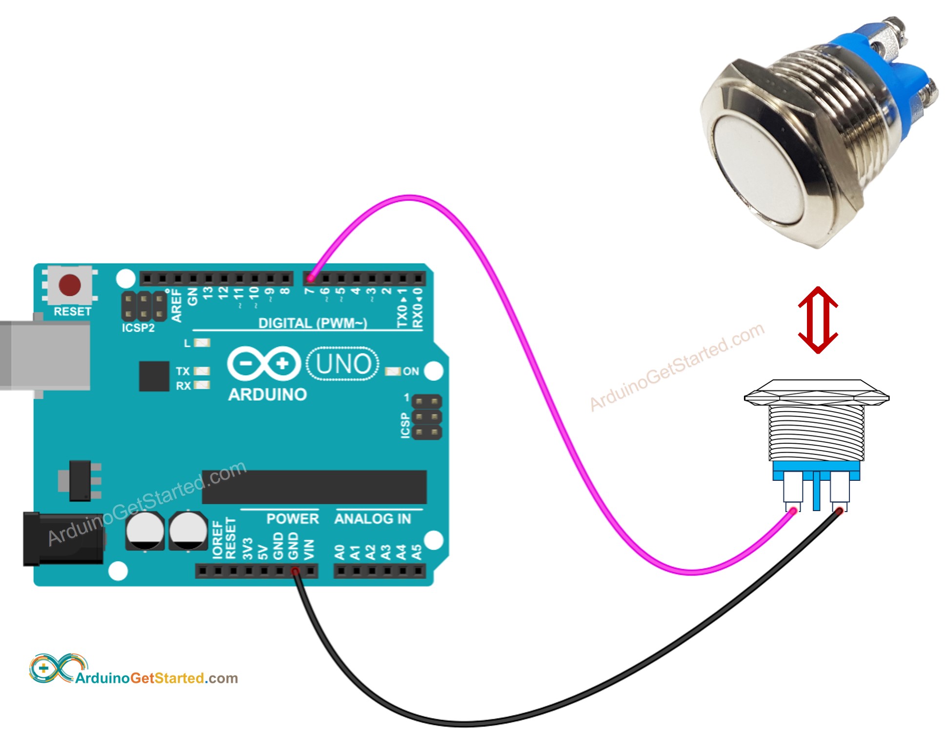 Arduino two-pin push button Wiring Diagram