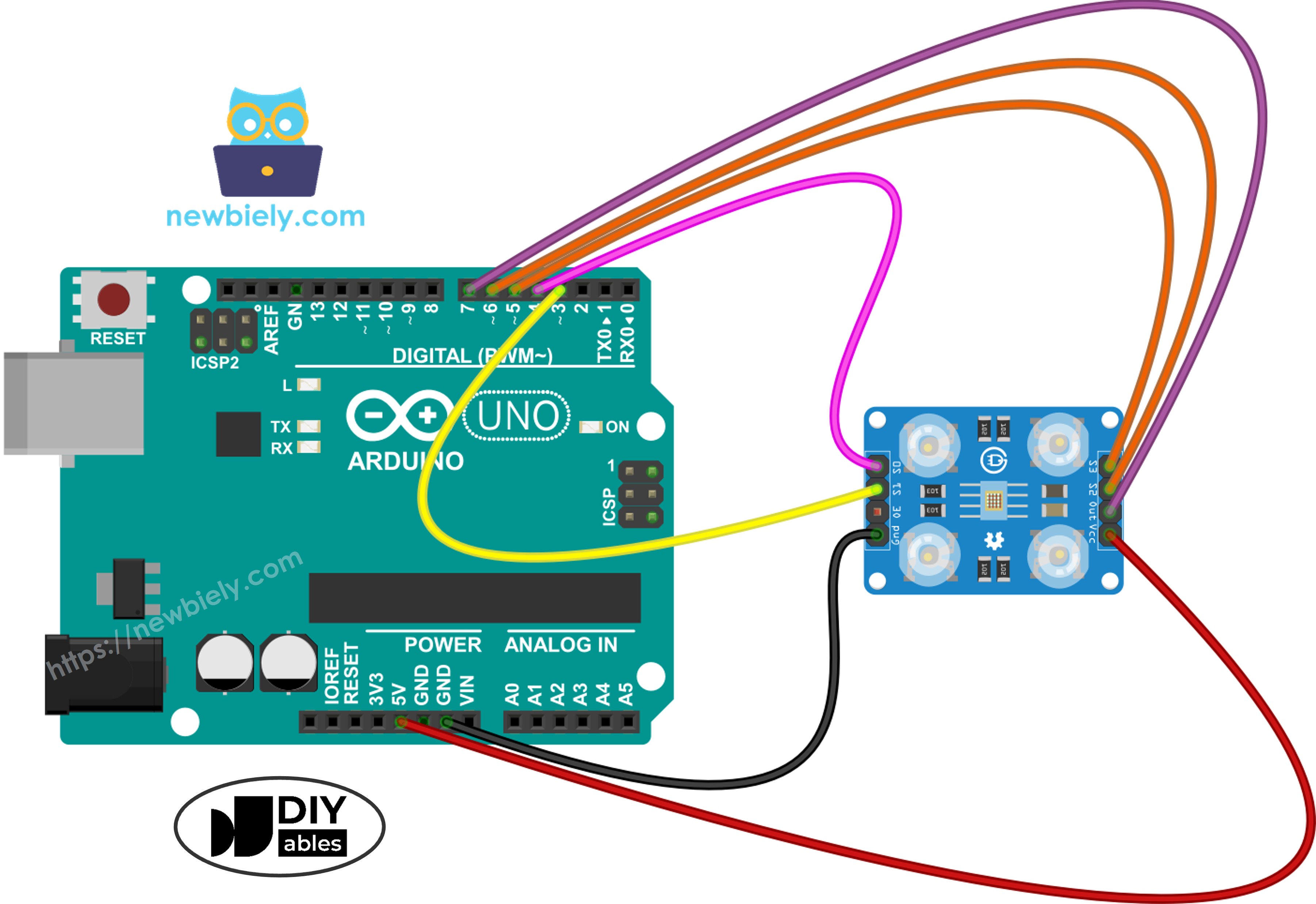 Arduino and TCS3200 color sensor wiring diagram showing connection between pins