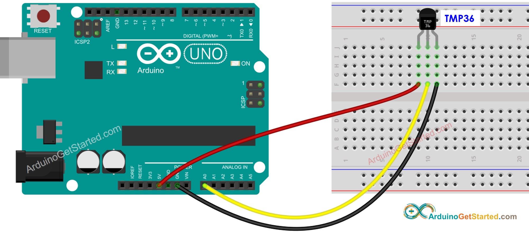 Arduino TMP36 temperature sensor Wiring Diagram