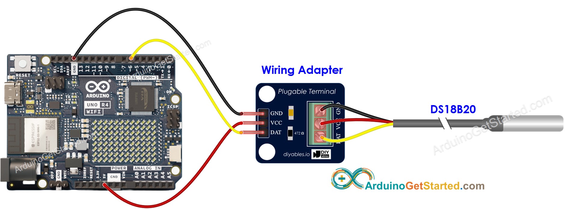 Arduino Uno R4 WiFi DS18B20 Temperature Sensor Wiring Diagram