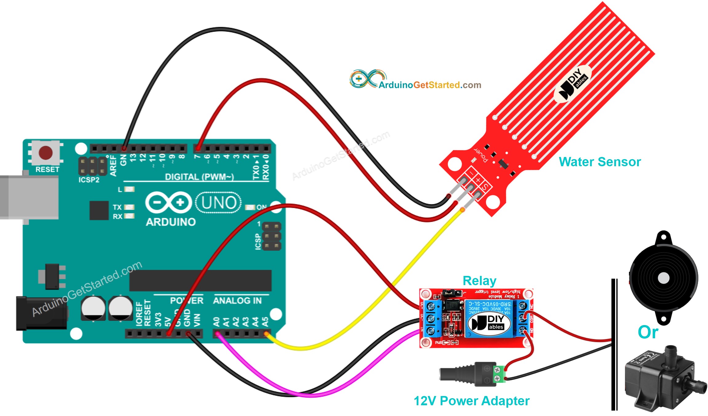 Arduino water sensor controls relay Wiring Diagram