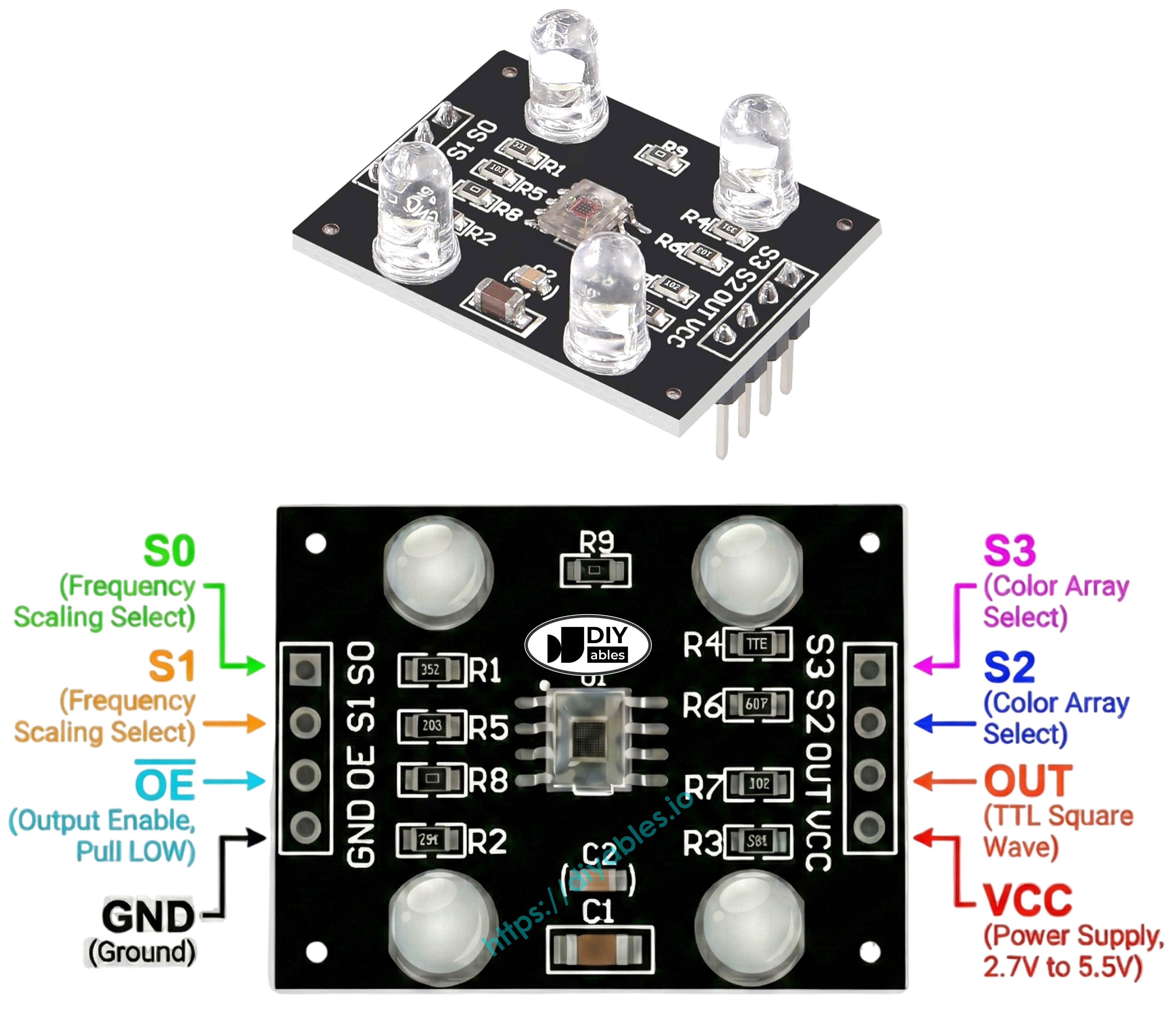 TCS3200 TCS230 color sensor module pinout diagram showing VCC GND S0 S1 S2 S3 OUT pins